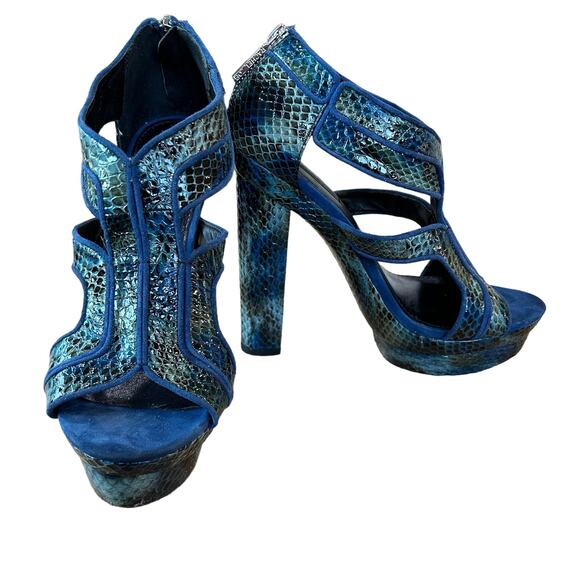 Rachel Zoe Heels Size 8 Peggy Style Real Snakeskin Kid Suede Blue Black Zipper - Picture 1 of 11
